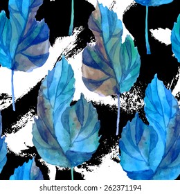 Floral grunge seamless pattern. Spring leaves with blots background. Vector watercolor illustration