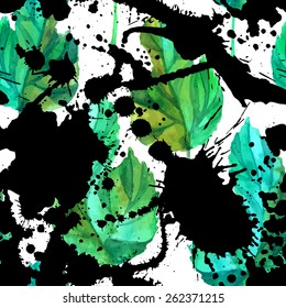 Floral grunge seamless pattern. Spring leaves with blots background. Vector watercolor illustration