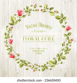 Floral Guide Print over wooden texture. Vector illustration.