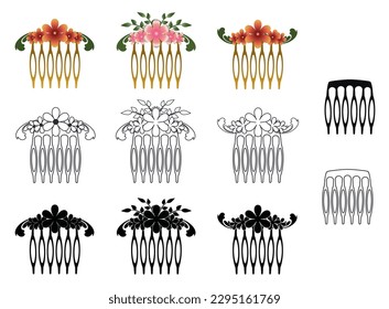 Floral hair comb pin icon set in color, silhouette and line drawing style. Vector illustration graphic hair accessories islotaed on white background.