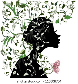 Floral hairstyle, girl and butterfly