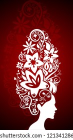 Floral hairstyle. Red Gradient background