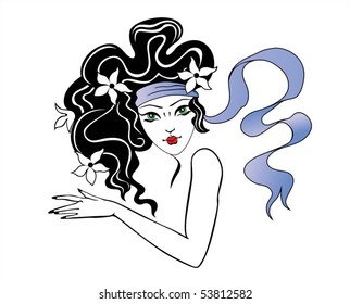 Floral hairstyle, woman face silhouette for your design