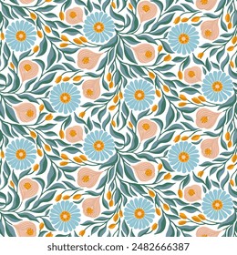 Floral Half Drop Seamless Pattern of light Blue Chamomiles with Leaves and Little Yellow Tulips on White. Great for Textiles, Wallpapers, Wrappings, Fabrics, Package Design, Fashion, Beauty Products.