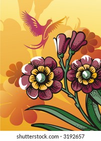Floral halftone background with an exotic bird. Check my portfolio for more of this series as well as thousands of other great vector items.