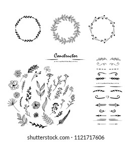 Floral hand draw black and white constructor. Floral elements for your design. Frames, dividers. Vector illustration.