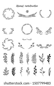 Floral hand draw black and white constructor. Floral elements for your design. Frames, dividers. Vector illustration.