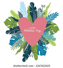 Floral hand draw design concept for Valentines Day. Isolated Flower vector illustration with pink heart and text on a white background