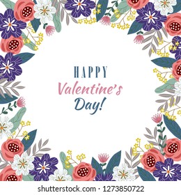 Floral hand draw design concept for Valentines Day. Vector illustration with flower frame and text on a white background