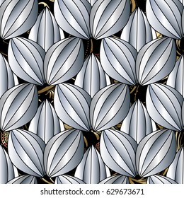 Floral hand draw seamless pattern background wallpaper illustration with vintage 3d black white paisley flowers, swirl curve gold leaves and modern line art ornaments. Vector surface flourish texture