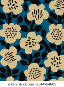 Floral hand drawing composition.Modern geometric flower pattern. Retro Scandinavian style.