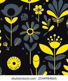 Floral hand drawing composition.Modern geometric flower pattern. Retro Scandinavian style.