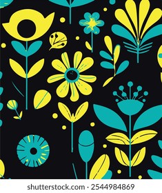 Floral hand drawing composition.Modern geometric flower pattern. Retro Scandinavian style.