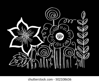 Floral hand drawing illustration. Decorative style black and white