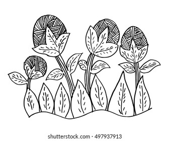 Floral hand drawing illustration.Decorative style black and white