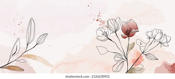 Floral hand drawn background. Botanical line art wallpaper with flowers, branches and eucalyptus leaves. Design in red and pink shades watercolor texture for banner, prints, wall art and home decor.