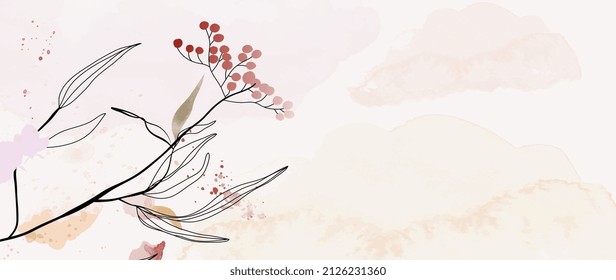 Floral hand drawn background. Botanical line art wallpaper with flowers, branches and eucalyptus leaves. Design in red and pink shades watercolor texture for banner, prints, wall art and home decor.