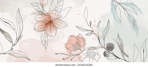 Floral hand drawn background. Botanical line art wallpaper with flowers, branches and eucalyptus leaves. Design in red and green shades watercolor texture for banner, prints, wall art and home decor.