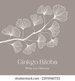 Floral hand drawn background. Botanical line art wallpaper with flowers. Hand drawn white Silhouette of ginkgo biloba tree isolated on white, texture for banner, prints, wall art and home decor