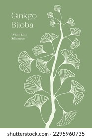 Floral hand drawn background. Botanical line art wallpaper with flowers. Hand drawn white Silhouette of ginkgo biloba tree isolated on white, texture for banner, prints, wall art and home decor