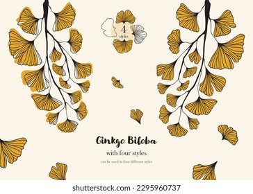 Floral hand drawn background. Botanical line art wallpaper with flowers. Hand drawn ginkgo biloba set, texture for banner, prints, wall art and home decor, wallpaper, decorative hand drawn flower