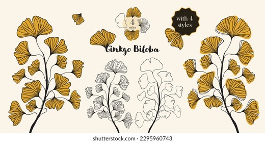 Floral hand drawn background. Botanical line art wallpaper with flowers. Hand drawn ginkgo biloba set, texture for banner, prints, wall art and home decor, wallpaper, decorative hand drawn flower