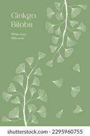 Floral hand drawn background. Botanical line art wallpaper with flowers. Hand drawn white Silhouette of ginkgo biloba tree isolated on white, texture for banner, prints, wall art and home decor