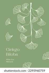 Floral hand drawn background. Botanical line art wallpaper with flowers. Hand drawn white Silhouette of ginkgo biloba tree isolated on white, texture for banner, prints, wall art and home decor