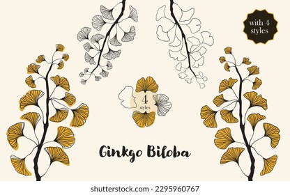 Floral hand drawn background. Botanical line art wallpaper with flowers. Hand drawn ginkgo biloba set, texture for banner, prints, wall art and home decor, wallpaper, decorative hand drawn flower