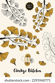 Floral hand drawn background. Botanical line art wallpaper with flowers. Hand drawn ginkgo biloba set, texture for banner, prints, wall art and home decor, wallpaper, decorative hand drawn flower