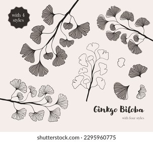 Floral hand drawn background. Botanical line art wallpaper with flowers. Hand drawn ginkgo biloba set, texture for banner, prints, wall art and home decor, wallpaper, decorative hand drawn flower