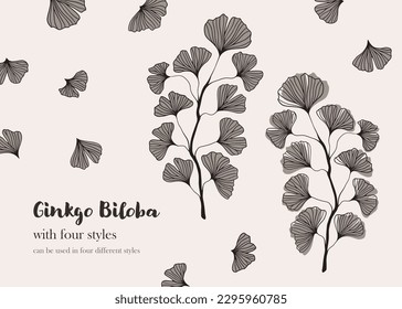 Floral hand drawn background. Botanical line art wallpaper with flowers. Hand drawn ginkgo biloba set, texture for banner, prints, wall art and home decor, wallpaper, decorative hand drawn flower