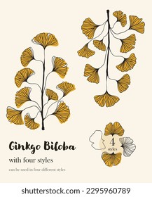 Floral hand drawn background. Botanical line art wallpaper with flowers. Hand drawn ginkgo biloba set, texture for banner, prints, wall art and home decor, wallpaper, decorative hand drawn flower