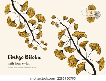 Floral hand drawn background. Botanical line art wallpaper with flowers. Hand drawn ginkgo biloba set, texture for banner, prints, wall art and home decor, wallpaper, decorative hand drawn flower