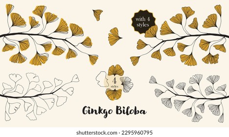 Floral hand drawn background. Botanical line art wallpaper with flowers. Hand drawn ginkgo biloba set, texture for banner, prints, wall art and home decor, wallpaper, decorative hand drawn flower