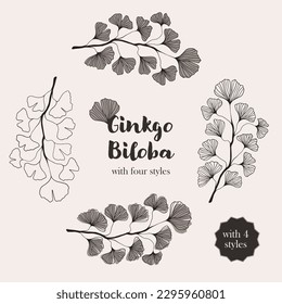 Floral hand drawn background. Botanical line art wallpaper with flowers. Hand drawn ginkgo biloba set, texture for banner, prints, wall art and home decor, wallpaper, decorative hand drawn flower