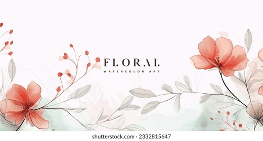 Floral hand drawn background. Botanical line art wallpaper with flowers, branches and eucalyptus leaves. Design in red and green shades watercolor texture for banner, prints, wall art and home decor.
