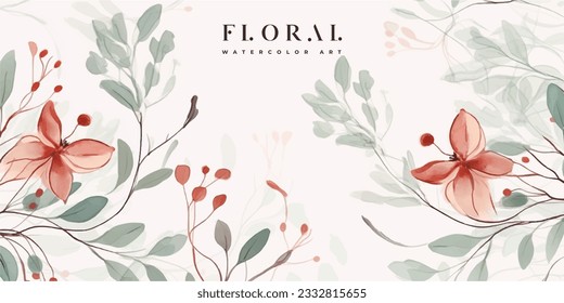 Floral hand drawn background. Botanical line art wallpaper with flowers, branches and eucalyptus leaves. Design in red and green shades watercolor texture for banner, prints, wall art and home decor.