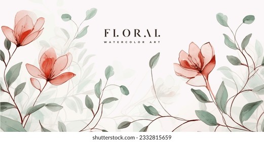 Floral hand drawn background. Botanical line art wallpaper with flowers, branches and eucalyptus leaves. Design in red and green shades watercolor texture for banner, prints, wall art and home decor.