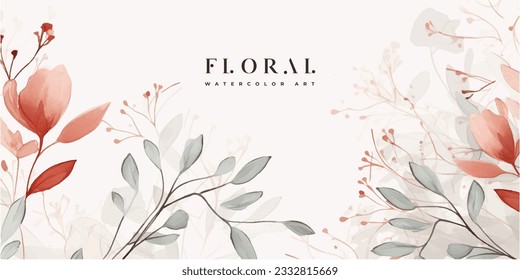 Floral hand drawn background. Botanical line art wallpaper with flowers, branches and eucalyptus leaves. Design in red and green shades watercolor texture for banner, prints, wall art and home decor.