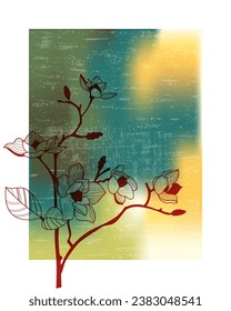 Floral hand drawn background. Botanical line art wallpaper with flowers, branches and eucalyptus leaves. Design in blurred texture for banner, prints, wall art and home decor.