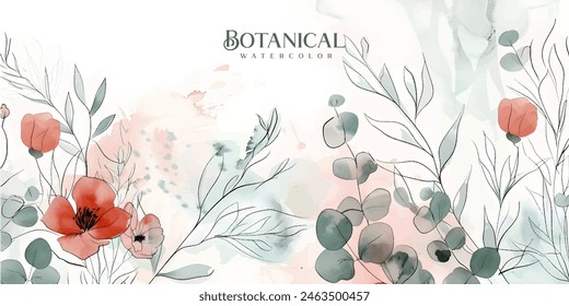Floral hand drawn background. Botanical line art wallpaper with flowers, branches and eucalyptus leaves. Design in red and green shades watercolor texture for banner, prints, wall art and home decor.