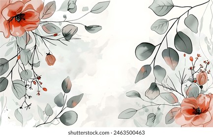 Floral hand drawn background. Botanical line art wallpaper with flowers, branches and eucalyptus leaves. Design in red and green shades watercolor texture for banner, prints, wall art and home decor.