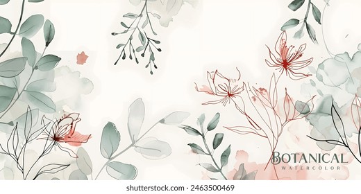 Floral hand drawn background. Botanical line art wallpaper with flowers, branches and eucalyptus leaves. Design in red and green shades watercolor texture for banner, prints, wall art and home decor.