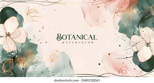 Fondo dibujado a mano floral. Fondo de pantalla de arte de línea botánica con flores, ramas y hojas. Diseño en tonos rojos y verdes textura de acuarela para Anuncio, estampados, arte de la pared y decoración del hogar.