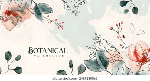 Floral hand drawn background. Botanical line art wallpaper with flowers, branches and leaves. Design in red and green shades watercolor texture for banner, prints, wall art and home decor.
