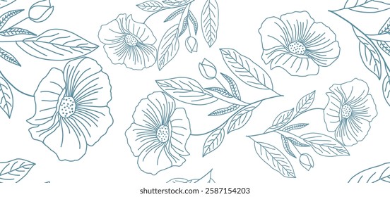 Floral hand drawn background. Botanical line art wallpaper with flowers, branches and eucalyptus leaves. Design in red and green shades watercolor texture for banner, prints, wall art and home decor.