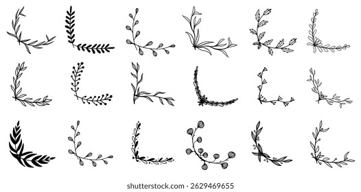 Floral hand drawn border ornament frame half corner rectangle wedding flourish doodle sketch monochrome set in minimalistic rustic vintage style.