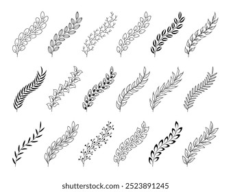 Floral hand drawn botanical elements on transparent background. Editable stroke. Awards, winner, trophy, branches, foliate or leaves circle badge. Vintage decorative elements for medals, achievement
