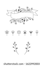 Floral hand drawn branches. Graceful ribbon of wild flowers and leaves. Black and white illustration. Cute little leaves, roses, tulips. For wedding invitations, save the date cards. Vector Artwork